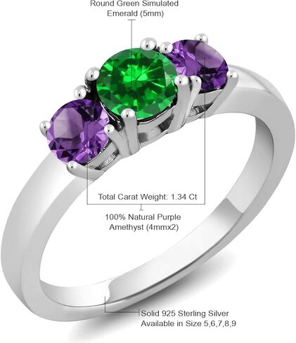 خاتم Gem Stone King 1.34 Cttw أخضر مقلد من الزمرد والجمشت الأرجواني 3 أحجار للنساء | 925 فضة استرلينية | جوهرة الميلاد الأحجار الكريمة | خاتم الخطوبة والذكرى السنوية للزفاف للنساء in Kuwait