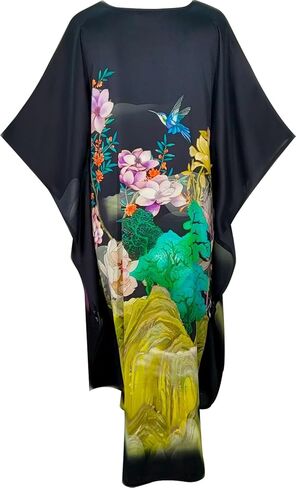 Kwedhongjh Women's 100% Silk Long Sleepwear, Silk Women's Bathrobe, Silk Kimono, Doll Sleeve Long Bathrobe - Flower Pattern in Saudi Arabia