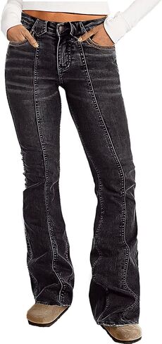 Flamingals Low Rise Bootcut Jeans for Women Wash Contrast Stitch Seam Front Flare Jeans in Kuwait