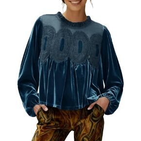 المرأة طويلة الأكمام المخملية قمم الدانتيل تقليم أنيقة متوهج سوينغ بيبي دول البلوزات والقمصان in Kuwait