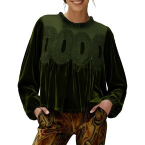 Women's Long Sleeve Velvet Tops Lace Trim Elegant Flared Swing Babydoll Blouses Shirts in Saudi Arabia