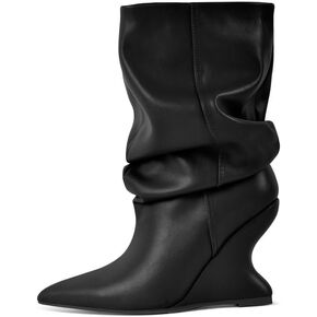 Women's Slouchy Mid Calf Boots Pointed Toe Pull On Wide Calf Wedge Booties Ruched Short Boots for Fall Winter Casual Dress in Kuwait
