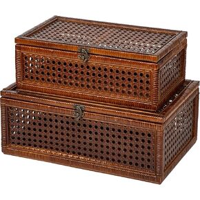 مجموعة صناديق تخزين الروطان المنسوجة يدويًا مكونة من 2، صندوق خوص خشبي مزخرف مع أغطية ومزالج، صناديق تخزين بوهو عتيقة لغرفة المعيشة وغرفة النوم وديكور المنزل in Kuwait