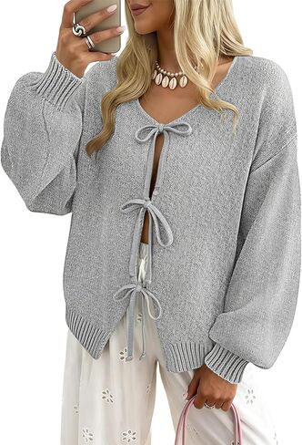 Womens Bow Tie Front Cardigan Sweaters Long Puff Sleeve Cute Print Jacket Coats 2025 Trendy Fall Winter Outfits in Saudi Arabia