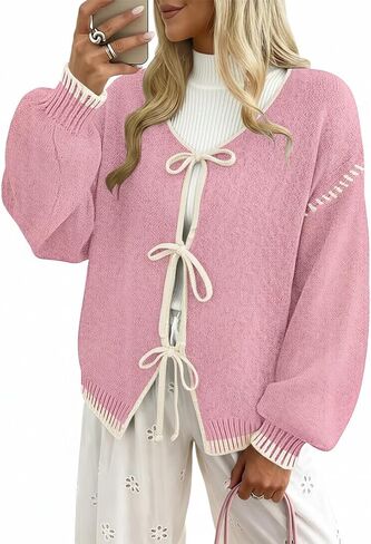 Womens Bow Tie Front Cardigan Sweaters Long Puff Sleeve Cute Print Jacket Coats 2025 Trendy Fall Winter Outfits in Saudi Arabia