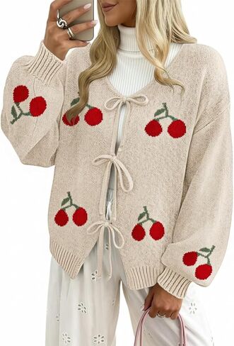 Womens Bow Tie Front Cardigan Sweaters Long Puff Sleeve Cute Print Jacket Coats 2025 Trendy Fall Winter Outfits in Saudi Arabia