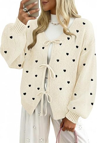 Womens Bow Tie Front Cardigan Sweaters Long Puff Sleeve Cute Print Jacket Coats 2025 Trendy Fall Winter Outfits in Saudi Arabia