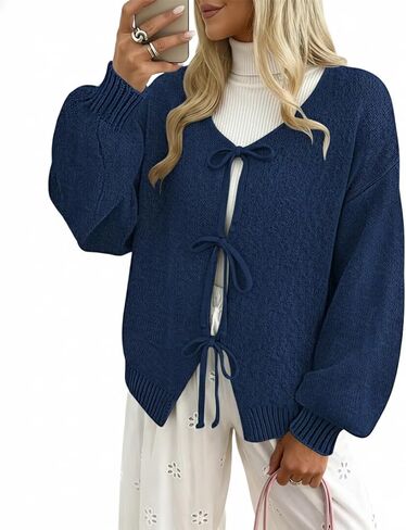 Womens Bow Tie Front Cardigan Sweaters Long Puff Sleeve Cute Print Jacket Coats 2025 Trendy Fall Winter Outfits in Saudi Arabia