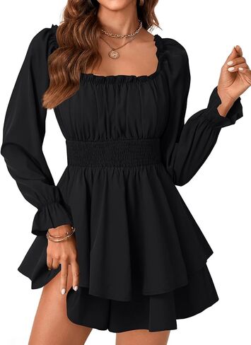 LYANER Women's Flounce Long Sleeve Square Neck Ruffle Layer Shirred Mini Short Romper Jumpsuit in Saudi Arabia