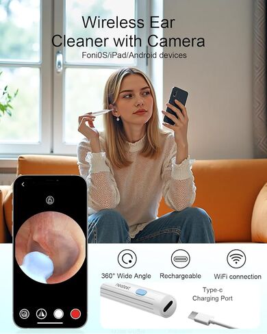Ear Wax Removal- Earwax Remover Tool with 1296P HD Camera, Ear Canal Cleaner with 6 LED Lights 8 Different Rechargeable Ear Cleaning Kit, Smart Ear Camera for iOS & Android (White) in Saudi Arabia