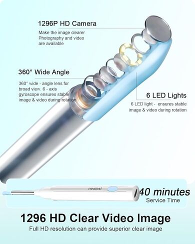 Ear Wax Removal- Earwax Remover Tool with 1296P HD Camera, Ear Canal Cleaner with 6 LED Lights 8 Different Rechargeable Ear Cleaning Kit, Smart Ear Camera for iOS & Android (White) in Saudi Arabia