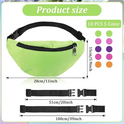 10 Pieces Fanny Packs Nylon Waist Bag Zipper Travel Running Bag with Adjustable Strap for Women Men (Nylon, Neon Colors) in Kuwait