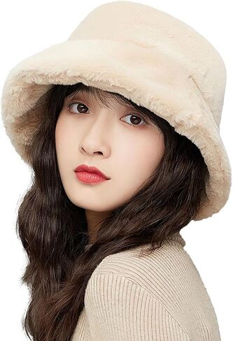 Faux Fur Winter Bucket Hat Women Plush Warm Cloche Hat Wide Brim Floppy Fisherman Cap in Saudi Arabia