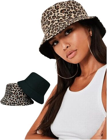 SHENHE Women's Leopard Print Bucket Hat Vintage Double Sided Foldable Cap Outdoor Hats in Saudi Arabia