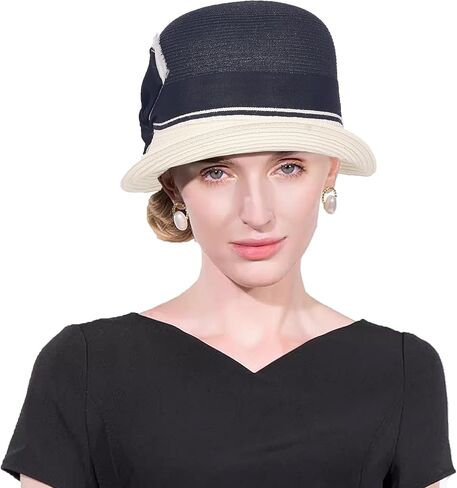 المرأة الشمس القش قبعة قاء زجاجي ديربي Hat1920s خمر دلو قبعة مع القوس لهجة قابلة للطي Packable لقضاء عطلة الشاطئ in Kuwait