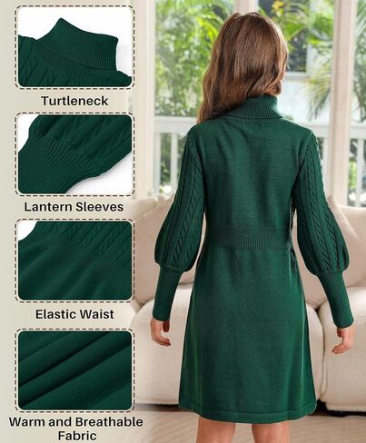 BesserBay Girls Winter Long Sleeve Sweater Dress Turtleneck Cable Knitted Pullover Midi Dress Forest Green 14 Years in Saudi Arabia