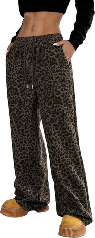 WDIRARA Women's Leopard Sweatpants Drawstring Waist Wide Leg Baggy Pants Streetwear in Saudi Arabia