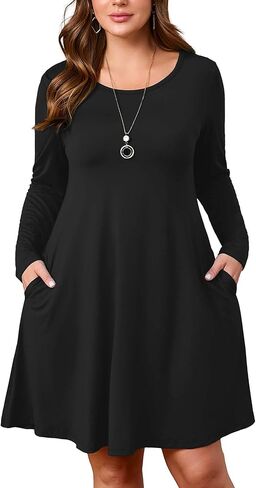 فستان AusLook نسائي متوسط ​​الطول بأكمام طويلة ورقبة دائرية على شكل حرف a سوينغ فلوي للعطلات والخريف فساتين ضيوف الزفاف مع جيب 1-5X in Saudi Arabia