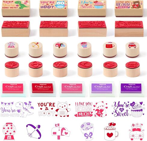 CJiangpo 15Pcs Valentine Wooden Rubber Stamps DIY Craft Card Ink Pads, Love Heart Decorative Rubber Stamps for Crafting Scrapbook Card Making Kids Valentine’s Day Gift Favors in Saudi Arabia