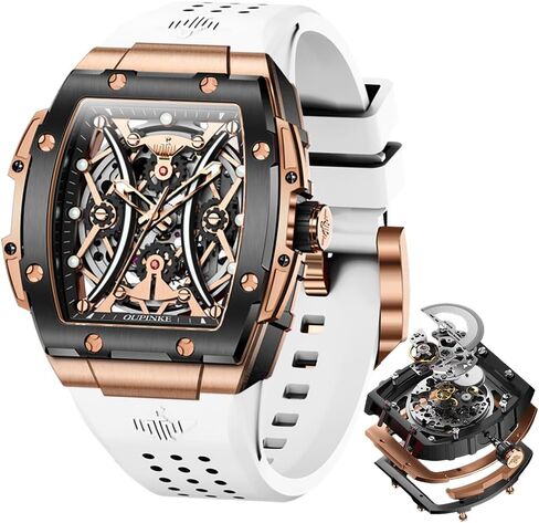 OUPINKE Watch Men Self Winding Luxury Skeleton Mechanical Business Dress Square Wrist Watches Calendar Black Watches in Saudi Arabia