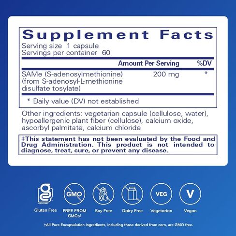مغلفات نقية SAMe S-Adenosylmethionine 180 - تدعم صحة المفاصل وإنتاج الجلوتاثيون * - خالية من الغلوتين وغير معدلة وراثيًا - 60 كبسولة in Kuwait