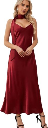 Elegant V-Neck Bias-Cut Satin Slip Maxi Dress with Detachable Scarf in Saudi Arabia