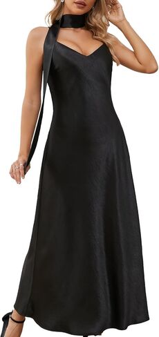 Elegant V-Neck Bias-Cut Satin Slip Maxi Dress with Detachable Scarf in Saudi Arabia