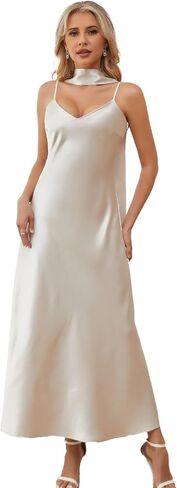 Elegant V-Neck Bias-Cut Satin Slip Maxi Dress with Detachable Scarf in Saudi Arabia