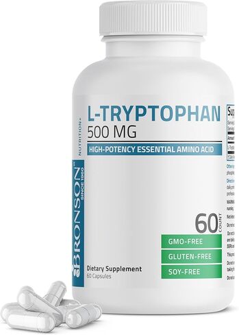 Bronson L-Tryptophan 500 MG High Potency Essential Amino Acid Supports Relaxation & Positive Mood Support Non-GMO, 60 Capsules in Saudi Arabia