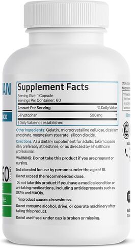 Bronson L-Tryptophan 500 MG High Potency Essential Amino Acid Supports Relaxation & Positive Mood Support Non-GMO, 60 Capsules in Saudi Arabia