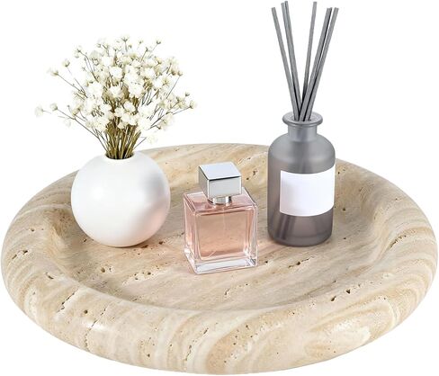 Natural Beige Travertine Vanity Tray - 8 Inch Round Stone Makeup & Jewelry Organizer Dish, Decorative Marble Tray for Bathroom Countertop, Coffee Table, Bedroom in Saudi Arabia