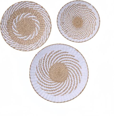 Deosur 3PCS Boho Wall Basket Decor – Handmade Bulrush Woven Tray Baskets for Wall Hanging, Rustic Farmhouse Wall Art for Living Room & Bedroom (White) in Saudi Arabia