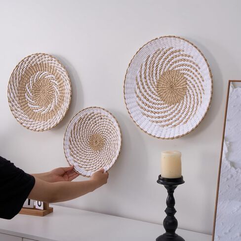 Deosur 3PCS Boho Wall Basket Decor – Handmade Bulrush Woven Tray Baskets for Wall Hanging, Rustic Farmhouse Wall Art for Living Room & Bedroom (White) in Saudi Arabia