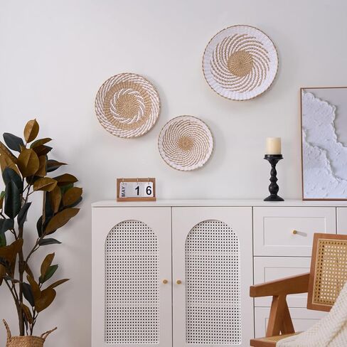 Deosur 3PCS Boho Wall Basket Decor – Handmade Bulrush Woven Tray Baskets for Wall Hanging, Rustic Farmhouse Wall Art for Living Room & Bedroom (White) in Saudi Arabia