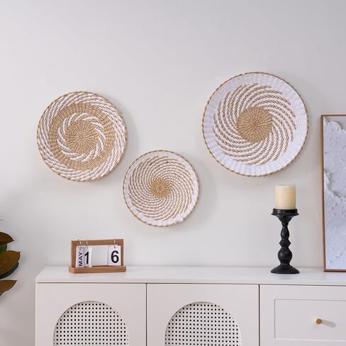 Deosur 3PCS Boho Wall Basket Decor – Handmade Bulrush Woven Tray Baskets for Wall Hanging, Rustic Farmhouse Wall Art for Living Room & Bedroom (White) in Saudi Arabia