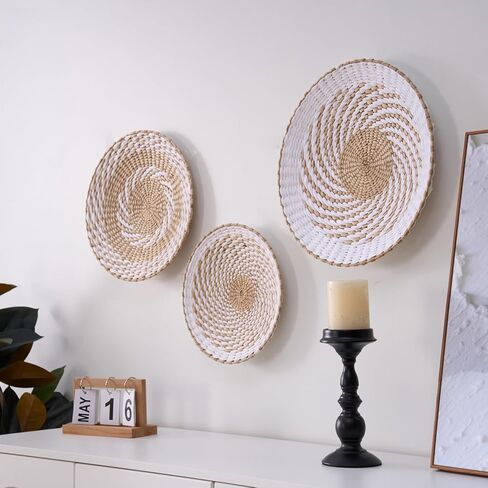 Deosur 3PCS Boho Wall Basket Decor – Handmade Bulrush Woven Tray Baskets for Wall Hanging, Rustic Farmhouse Wall Art for Living Room & Bedroom (White) in Saudi Arabia