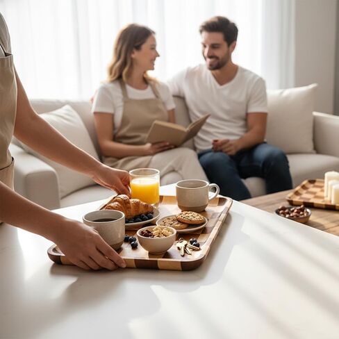 صينية تقديم خشبية مستطيلة الشكل من خشب السنط - صينية خشبية مزخرفة لطاولة القهوة والوجبات الخفيفة والطعام - صينية تقديم خشبية حديثة للمطبخ وتناول الطعام وديكور غرفة المعيشة (13.7 بوصة × 9.8 بوصة × 0.6 بوصة) in Saudi Arabia