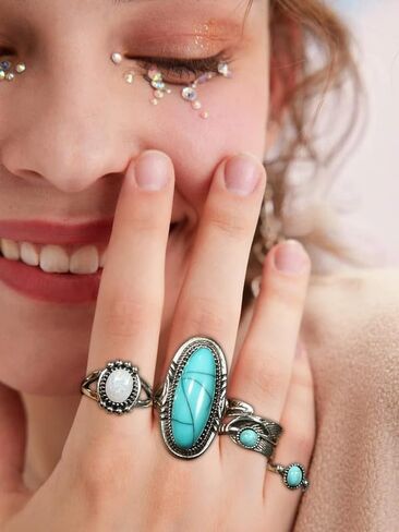 Turquoise Western Stackable Rings Set for Women Vintage Boho Jewelry Adjustable Knuckle Rings Natural Stone Gift for Her in Saudi Arabia