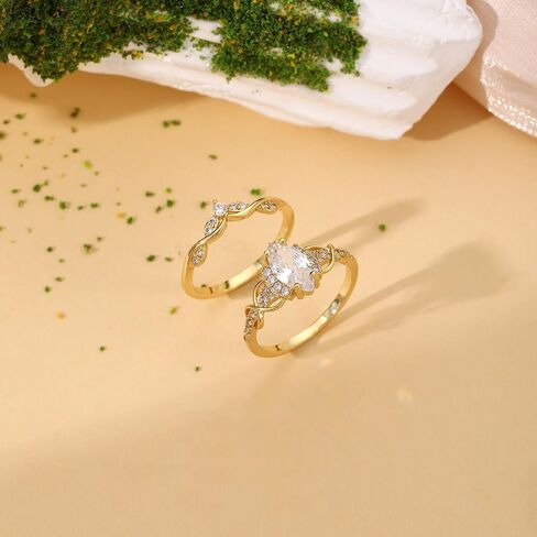 Cubic Zirconia Rings for Women Non Tarnish Marquise Engagement Ring Set 14K Gold Plated Rings Vintage Wedding Band for Her Size 5-10 in Saudi Arabia