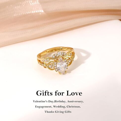 Cubic Zirconia Rings for Women Non Tarnish Marquise Engagement Ring Set 14K Gold Plated Rings Vintage Wedding Band for Her Size 5-10 in Saudi Arabia
