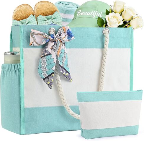 Beach Tote with Cosmetic Bag, Waterproof Canvas Beach Bag w/Ribbon Christmas Gifts for Women Birthday Travel Essential in Saudi Arabia