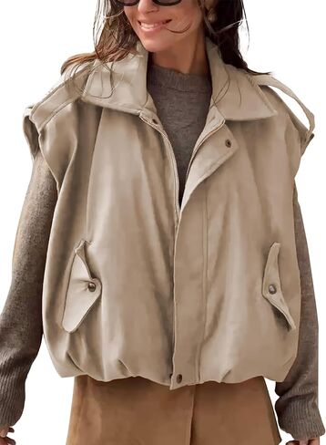 Women's Faux Suede Bomber Vest Casual Oversized Sleeveless Jacket Fall Spring Lapel Coat Trendy Streetwear in Saudi Arabia