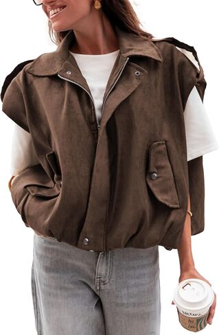Women's Faux Suede Bomber Vest Casual Oversized Sleeveless Jacket Fall Spring Lapel Coat Trendy Streetwear in Saudi Arabia