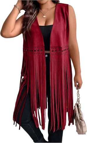 Women's Plus Size Western Fringe Vest Vintage Tassel 70s Hippie Sleeveless Jackets Cowgirl Outfit in Saudi Arabia