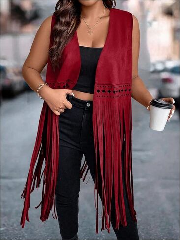 Women's Plus Size Western Fringe Vest Vintage Tassel 70s Hippie Sleeveless Jackets Cowgirl Outfit in Saudi Arabia