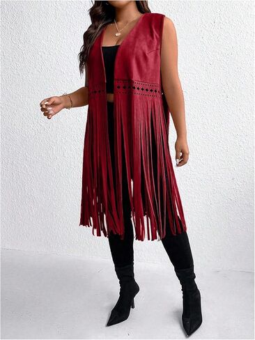 Women's Plus Size Western Fringe Vest Vintage Tassel 70s Hippie Sleeveless Jackets Cowgirl Outfit in Saudi Arabia