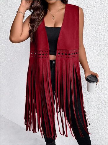 Women's Plus Size Western Fringe Vest Vintage Tassel 70s Hippie Sleeveless Jackets Cowgirl Outfit in Saudi Arabia
