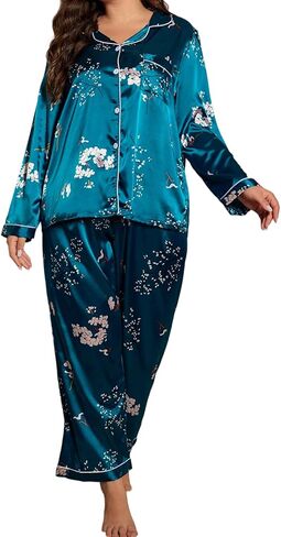 MapleHub Womens Silk Satin Pajamas Set Long Sleeve Sleepwear Button Down Pjs Soft 2 Piece Lounge Set in Saudi Arabia