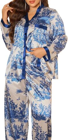 MapleHub Womens Silk Satin Pajamas Set Long Sleeve Sleepwear Button Down Pjs Soft 2 Piece Lounge Set in Saudi Arabia