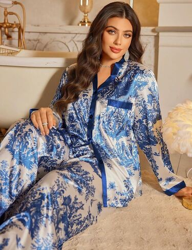 MapleHub Womens Silk Satin Pajamas Set Long Sleeve Sleepwear Button Down Pjs Soft 2 Piece Lounge Set in Saudi Arabia